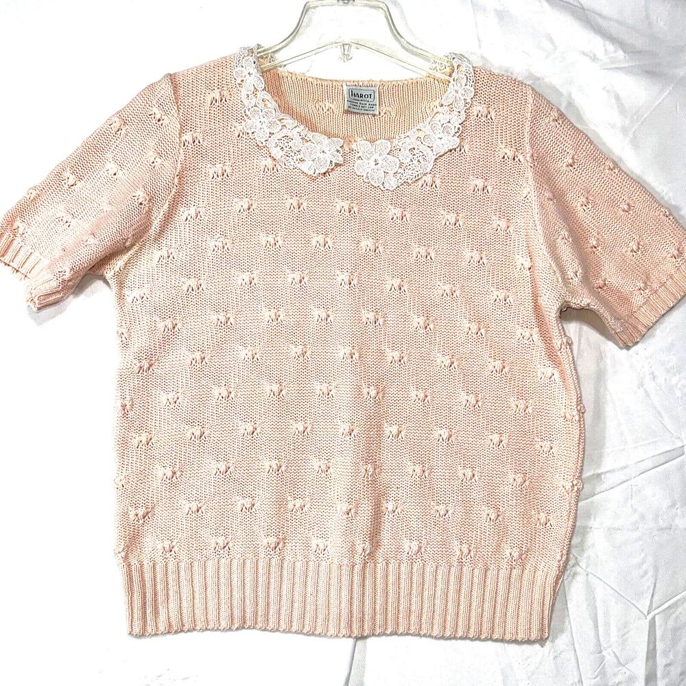Vintage 80s Harot Sweater Womens Med Pink 100% Cotton Made In USA Lace
